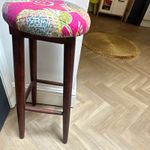 Wood Bar Stool, Upholstered Floral Seat, Pink Multicolour, Dark Wood Tone
