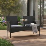 Rattan Loveseat Garden Bench 2 Seater with Cushions & Glass Table Black