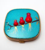 Vintage Evans Turquoise Guilloche Enamel Powder Compact Red Birds Case Box VGC