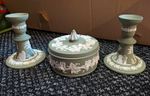 Wedgwood Green Jasperware Round Lidded Trinket Box, Impressed Backstamp