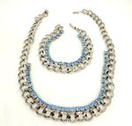 Vintage Necklace Bracelet Jewelry Set Silver Tone Links Blue Rhinestones