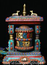5.4" Old Tibet Copper Gems turquoise Buddhism Double Deer Prayer Wheel