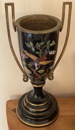 Vintage Italian Giulia Mangani Enamel Porcelain Brass Exotic Bird Urn Vase