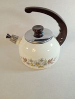 Vintage Enamel Whistling Kettle Cream Floral Brown Handle Made in Taiwan