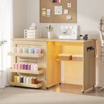 Folding Sewing Table with LED Lights, Craft Table with 2 AC Outlets & USB Ports