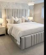 Cream Velvet Upholstered Double Bed Frame Tall Panel Headboard Panel Footboard