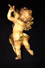 9" ANRI WOOD HAND CARVED ANGEL PUTTO CHERBU + FLUTE FIGURINE SCULPTURE CARVING