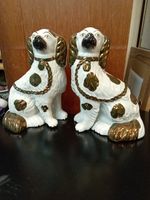 Antique English Staffordshire Porcelain Lustreware King Charles Spaniel Dogs 12"