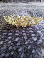 Gold Floral Pearl Tiara Headband, Brushed Metal Bridal Hair Accessory
