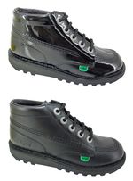 KICKERS Kick Hi Black Leather Boys Girls Ankle Boots Patent New Sale Size 12-6
