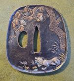 Japanese Shakudo Tsuba Gold Silver Inlaid Wolves Signed Shuzan Edo Meiji