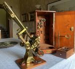 Antique First Class Wenham Binocular Brass Microscope by Wheeler c1860, Cased