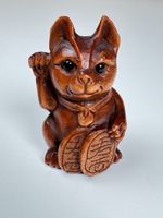 Antique Japanese Netsuke Maneki Neko Lucky Cat Boxwood Signed Meiji Edo Carved