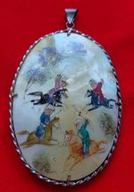 Huge Double Sided Persian Hand Painted Mother Of Pearl Pendant Antique