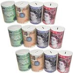 Notes Design Money Saving Tin, Metal Piggy Bank Tinplate, Multi-Colour 12 Pack 