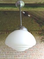 VINTAGE FRENCH SCHOOL CHURCH LIGHT GLASS AND CHROME PENDANT LIGHT CHANDELIER