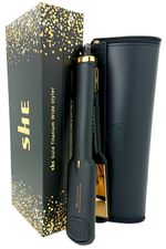 SHE WIDE GOLD TITANIUM HAIR STRAIGHTENERS & HEAT RESISTANT ROLL BAG NEW 2025