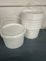 6 x 7.5 LITRE FOOD GRADE BUCKETS. HANDLE & LID. TAMPER EVIDENT. WHITE. ROUND