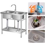 Commercial Sink 33 Inch Free Standing Double Bowl with Faucet Stainless Steel
