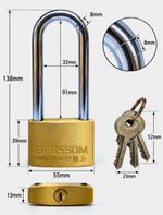 BLOSSOM Brass Keyed Padlock Extended Steel Shackle 8mm 55mm Keyway C