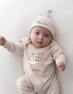 Hello World Babygrow Safari  Sleepsuit Personalised Born in Year Navy Baby Gift