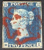 GB SG5 QV 1840 2d Blue, MI, 4 Good Margins, Used with Red Maltese Cross