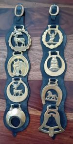 Antique Vintage Horse Brasses Brass Bells Stag Moon Martingale 