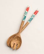 Hand Painted Wooden Salad Servers Tongs Utensil Set Modern Kitchen Dining Floral