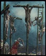 Glass Magic Lantern Slide BREAKING THE THIEVES LEGS C1890 RELIGIOUS DRAWING