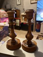 pair of vintage Jerusalem olive wood candlestick holders