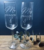 Set of 2 engraved champagne glasses wedding gift newlyweds