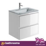 Gloss White 600mm Wall Hung Vanity Unit 2 Drawer Bathroom Cabinet Glass Basin