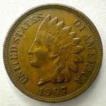 1907 USA Indian Head Cent Coin, Bronze, XF Extremely Fine