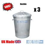 (3) 90 Litre Galvanised Dustbins Tapered Heavy Duty Best UK Made! Package