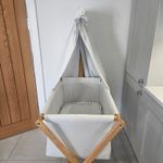 Beautiful Neutral Wooden Baby Cradle / Moses Basket with Canopy & Bedding