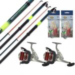 Sea Fishing Telescopic Beachcaster Rod 12ft and Reel Set + Leads & Feathers x2