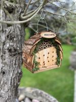Small Wooden Insect Hotel Home Hanging Bug House with Bark Roof Garden Shelter