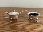 GOOD ANTIQUE 19TH C SILVER PLATED ROLL TOP BATH FORM MUSTARD POT CONDIMENT SET