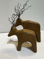 Two Vintage Hand Carved Rustic Wood Moose Reindeer With Wire Antlers 5" & 7"