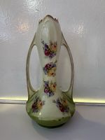 Antique Art Nouveau Twin Handle Porcelain Vase Green Rose Gilt Bohemian 21cm