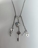 New Silvertone NECKLACE Statement Long Key Locks Multi Pendants Unique Unusual