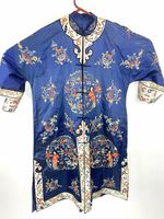 Antique Chinese Silk Embroidered Robe Republic Period 1920s Blue Medallion Coat