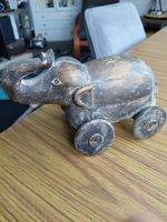 ANTIQUE INDIAN WOODEN ELEPHANT COMPARTMENT BOX ON WHEELS.