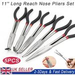 5Pcs 11" Long Reach Nose Pliers Straight Bent Tip Mechanic Equipment Hand Tool