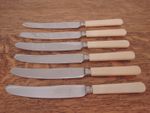 Superb Vintage Set 6 Faux Bone Handle DINNER KNIVES - Mottershaw &Rowe Sheffield