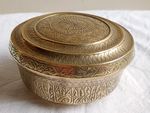 FABULOUS ORNATE ANTIQUE MIDDLE EASTERN BRONZE CONTAINER AND LID . M4549