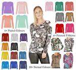 WOMENS LADIES LONG SLEEVE STRETCH PLAIN ROUND SCOOP NECK T SHIRT TOP ASSORTED