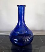 Cobalt Blue Glass Decorative Bottle, Bulbous Round Base Narrow Neck Glossy