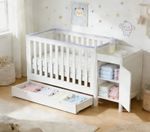 White Baby Cot Teething Rails Compact Crib Drawer Cot Bed Diaper Storage Cabinet