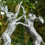 Pewter Boxing Hares Sculpture – Garden Animal Statue, Outdoor / Indoor Ornament